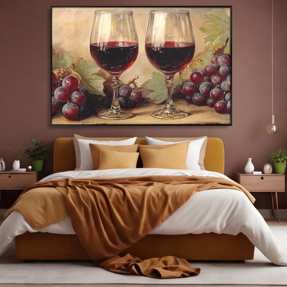 Tablou Canvas Pictura cu Doua Pahare de Vin Rosu, Rosu Grena si Bej Deschis, N1031